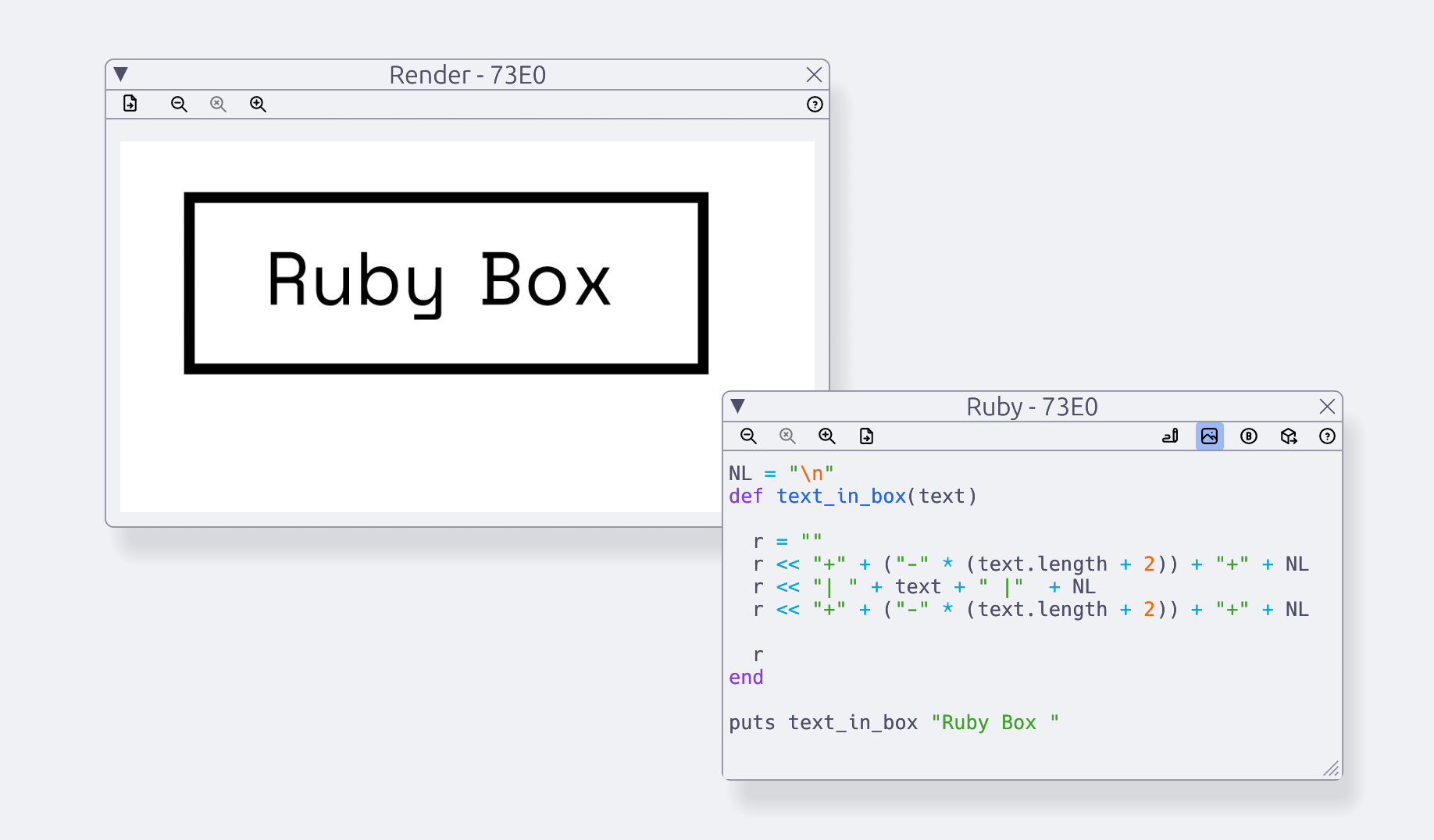 Ruby code window generating Svgbob source, shown beside the rendered box diagram